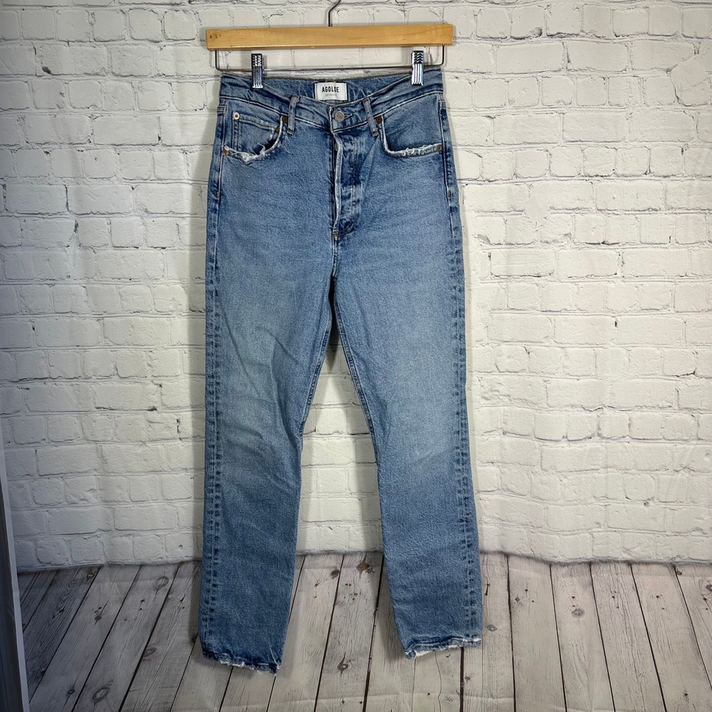 AGOLDE Jeans Womens 25 High Rise Riley Long Blue Jeans Button Fly Distressed